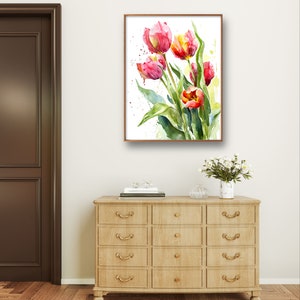 Röda tulpaner konsttryck blommig väggkonst tulpandekor akvarell stil röda blommor stor väggkonst vårblommor poster botanisk väggdekor bild 9