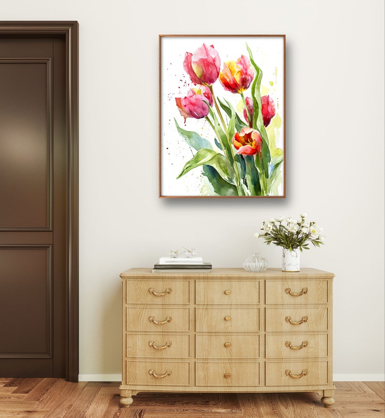 Röda tulpaner konsttryck blommig väggkonst tulpandekor akvarell stil röda blommor stor väggkonst vårblommor poster botanisk väggdekor bild 9