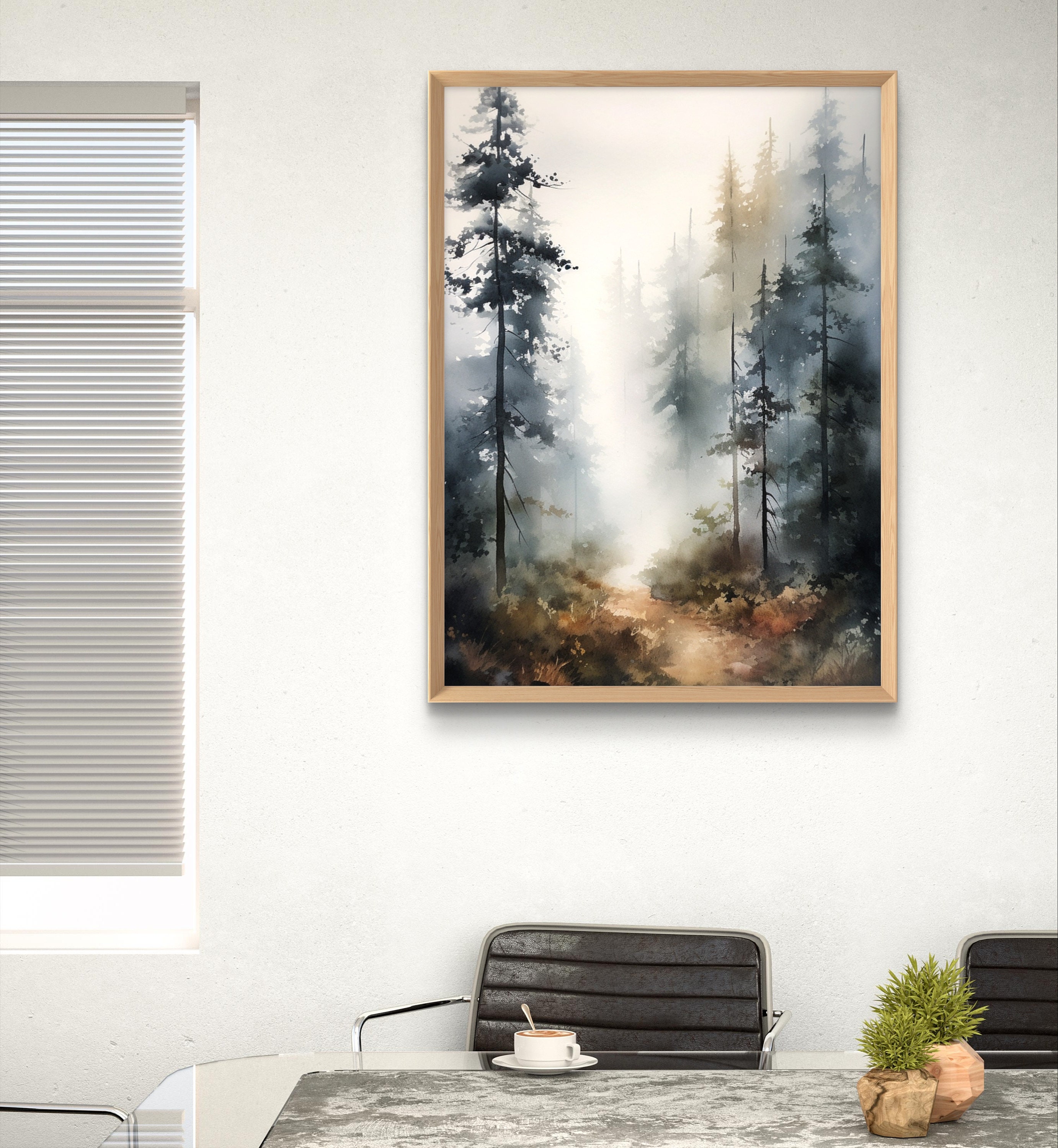 Foggy Trees Print Misty Forest Landscape Watercolor Style Pine Trees ...