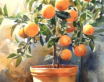 Orange Tree Art Print Orange Countryside Watercolor Style Wall Art Farmhouse Wall Art Preppy Room Decor Floral Poster