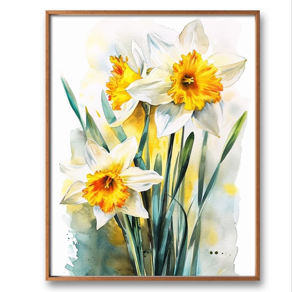 Peinture jonquille, impression d'art aquarelle florale, art mural narcisse, fleurs de printemps, affiche