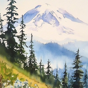Impresión artística del Monte Rainier, arte mural de montaña, póster del estado de Washington, arte de pinos, flores silvestres, póster estilo acuarela