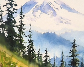 Mount Rainier Art Print Washington Mountain Wall Art Watercolor Style Decor Wildflowers Poster