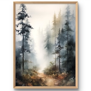 Nebligen Bäume Druck Nebligen Waldlandschaft Aquarell Stil Kiefern Wand Kunst Erdfarben Druck Beruhigende Wanddekoration Wanderer Geschenk Poster