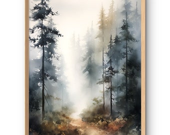 Foggy Trees Print Misty Forest Landscape Watercolor Style Pine Trees Wall Art Earth Tone Print Calming Wall Decor Hiker Gift Poster