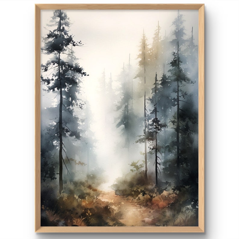 A watercolor painting of a misty forest scene with tall, dark green trees and a path leading into the distance.