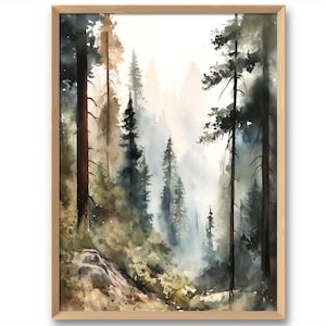 Pinien Bäume Aquarell Druck Neblige Landschaft Poster Nebliger Kiefernwald Wand Kunst Erdfarbener Print Beruhigendes Wanddekor Wandergeschenk