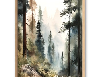 Pine Trees Art Print Foggy Landscape Misty Pine Forest Wall Art Watercolor Style Earth Tone Prints Calming Decor Hiker Gift