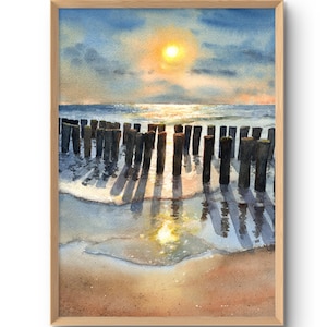 夕日のビーチの水彩画プリント 海岸の壁アート 海の景色のアートワーク ビーチハウスの壁の装飾 海の夕日のポスター オリジナル絵画から