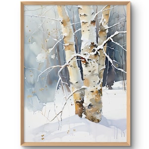 Birken Malerei Winter Landschaft Aquarell Kunstdruck Espenwald Wand Kunst Birken Bäume Druck Neutrales großes Poster