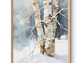 Birch Art Print Winter Landscape Wall Art Aspen Forest Watercolor Style Prints Birches Trees Winter Decor Neutral Large Poster