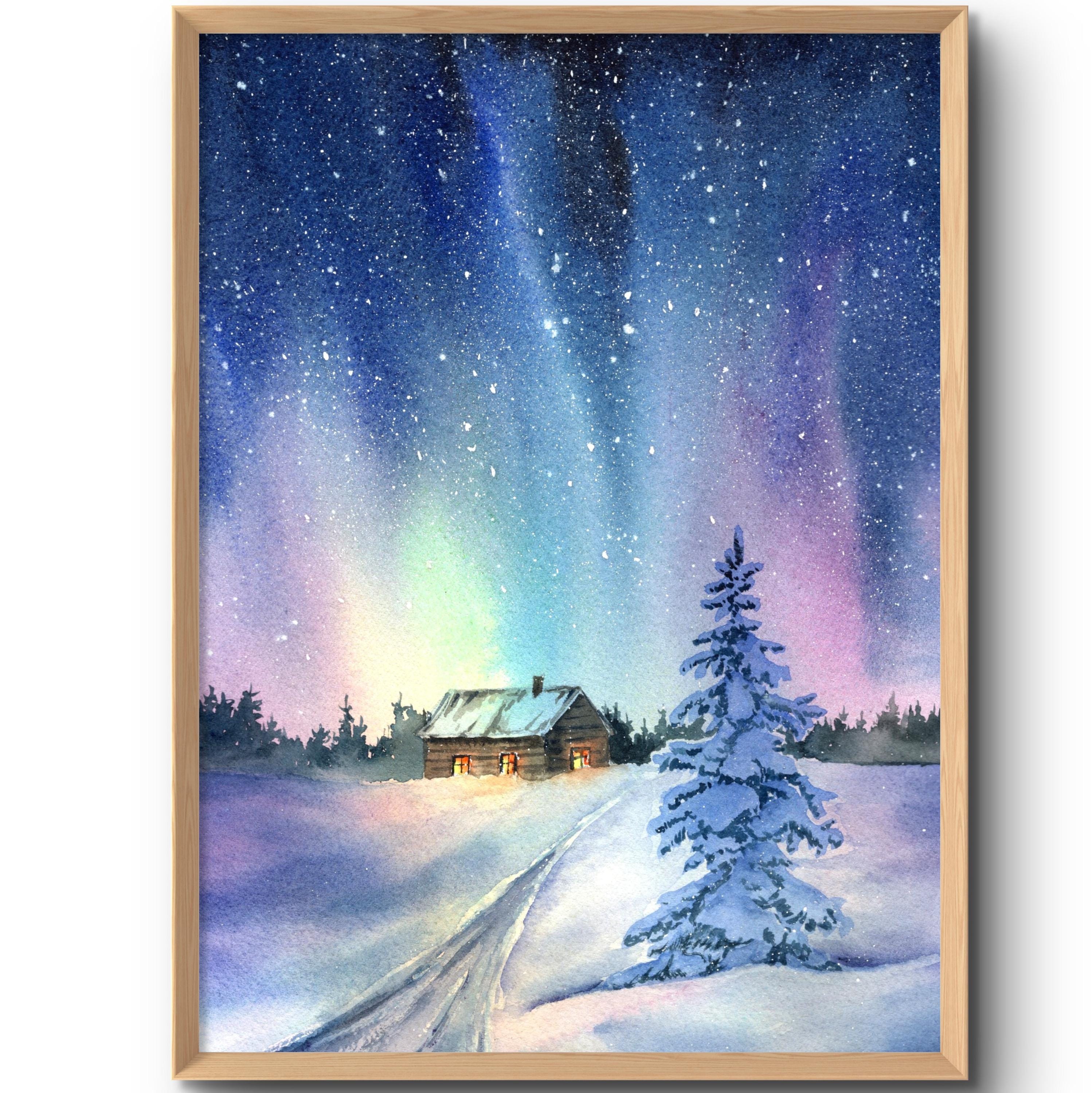 Northern Lights Art Print Christmas Tree Wall Art Winter Landscape Watercolor Painting Aurora Borealis Poster from Original Artwork