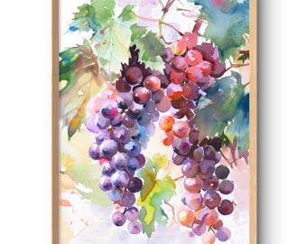 Grape Art Print Kitchen Wall Art Fruit Painting Summer Watercolor Style Wall Decor Purple Grape Poster