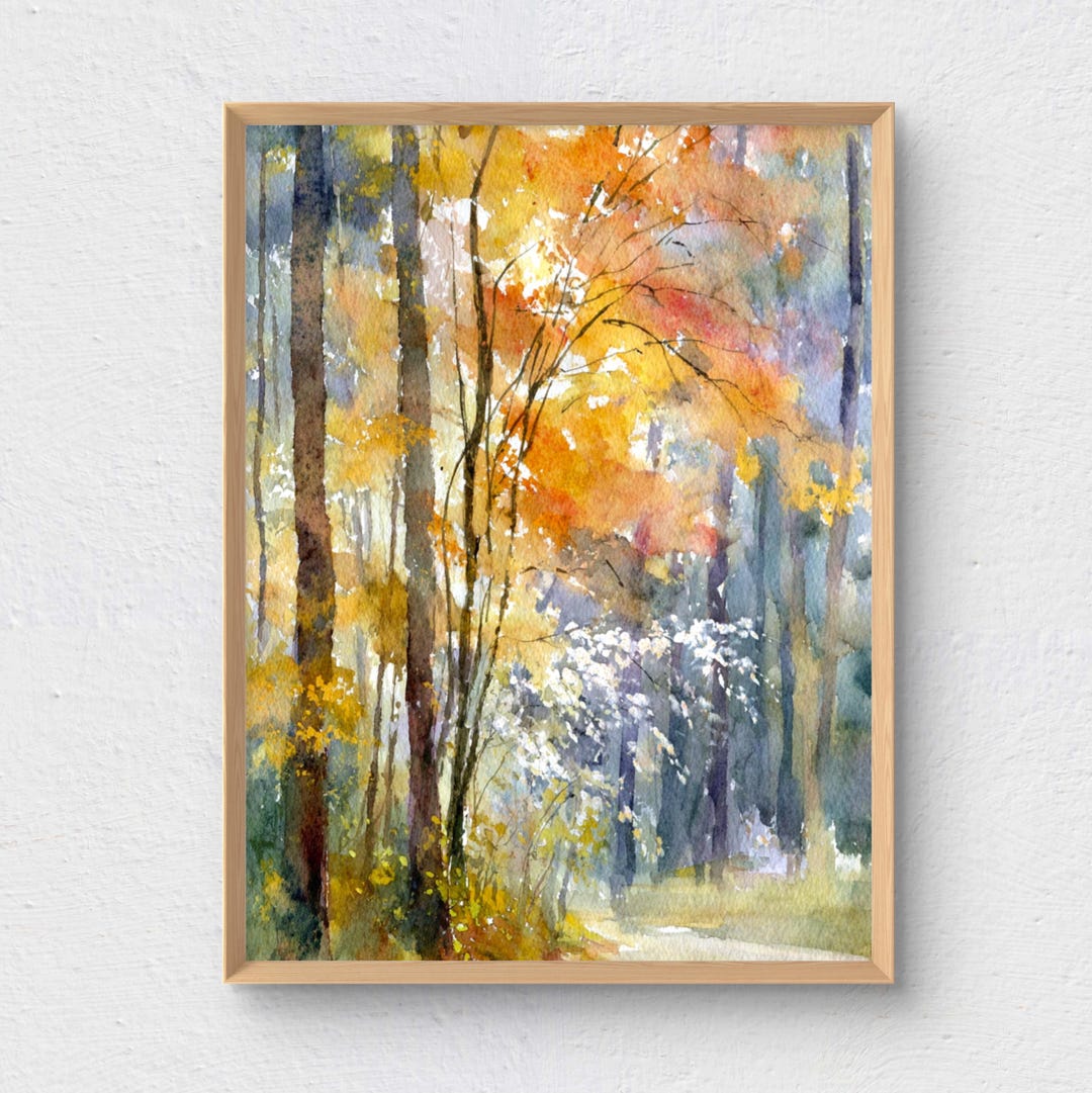 Autumn Forest Art Print Golden Leaves Watercolor Style Fall Trees Wall ...