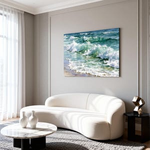May include: A rectangular wall art piece featuring an oil painting of ocean waves crashing onto a sandy shore. The artwork displays shades of deep blue, turquoise, and white foam, capturing the movement of the sea in a realistic style.