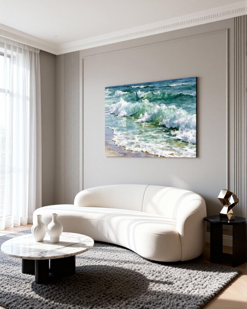 May include: A rectangular wall art piece featuring an oil painting of ocean waves crashing onto a sandy shore. The artwork displays shades of deep blue, turquoise, and white foam, capturing the movement of the sea in a realistic style.