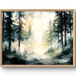 Neblige Bäume Kunstdruck Kiefernwald Wand Kunst Neblige Landschaft Aquarell Stil Druck Beruhigende Wanddeko Neblige Bäume Poster