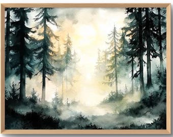 Misty Trees Art Print Pine Forest Wall Art Foggy Landscape Watercolor Style Print Calming Wall Decor Foggy Trees Poster