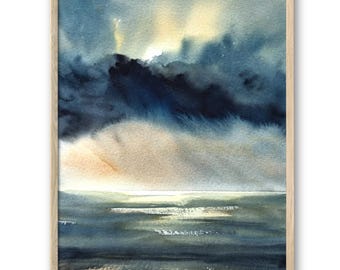 Lámina artística de nubes de tormenta, paisaje marino, decoración de pared para casa de playa, lámina de mar tormentoso a partir de una pintura original en acuarela.