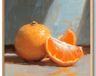 May include: A still life painting of three oranges on a wooden table. The oranges are in various stages of being cut open, revealing their juicy, orange flesh. The painting is done in a realistic style with a soft, muted color palette.