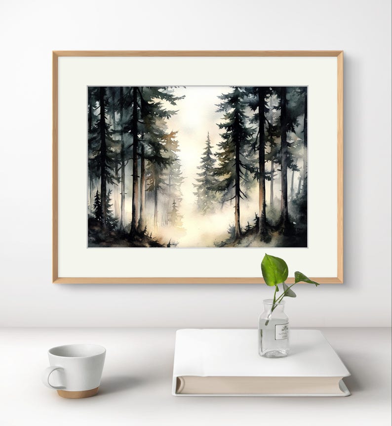 Foggy Pine Trees Art Print Misty Forest Wall Art Watercolor Style ...