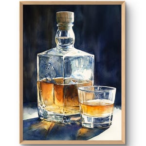 Whiskey Print Bottle and Glass of Whiskey Wall Art Prints Art Old Fashioned Drink Poster Bar Wall Decor Man Cave Wall Art