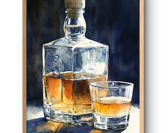 Whiskey Print Bottle and Glass of Whiskey Wall Art Prints Art Old Fashioned Drink Poster Bar Wall Decor Man Cave Wall Art