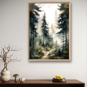 May include: A watercolor painting of a misty forest path with tall pine trees on either side. The path leads into the distance, disappearing into the fog.