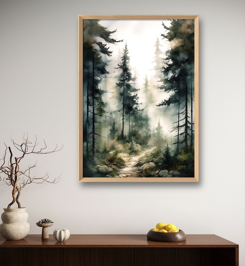 May include: A watercolor painting of a misty forest path with tall pine trees on either side. The path leads into the distance, disappearing into the fog.