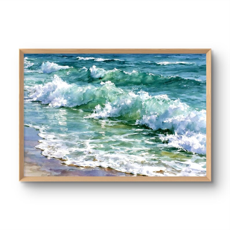 May include: A framed wall art print depicting a seascape with rolling ocean waves in shades of teal, turquoise, and deep blue. The water features white foam crests breaking near the sandy shoreline, captured in a realistic painterly style.