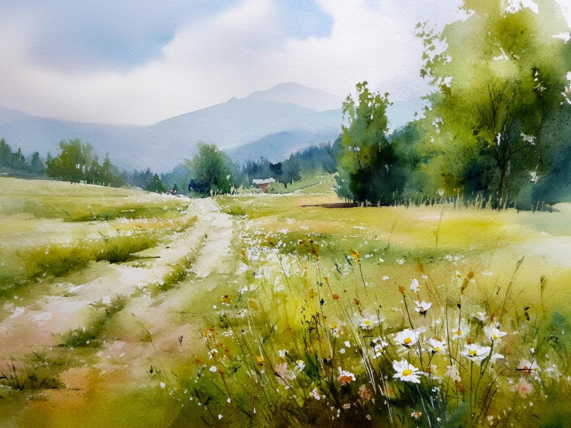 Summer Meadow Art Print Country Landscape Wall Art Wildflower Field Watercolor Style Cottagecore Decor