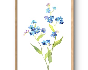 Forget Me Not Watercolor Print Floral Wall Art Botanical Wildflowers Wall Decor Blue Flowers Poster from Original Painting
