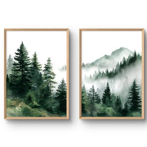 Forest Landscape Art Print Set of 2 Misty Mountains Pine Trees Nature Wall Art Rustic Woodland Wall Decor Green Landscape Poster