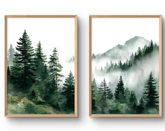 Misty Forest Landscape Art Print Set of 2 Rustic Mountain Wall Decor Pine Trees Wall Art