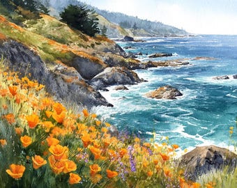 Stampa artistica di papaveri della California, Big Sur, decorazione da parete con vista sull'oceano costiero