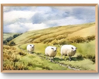 Irish Sheep Art Print Ireland Landscape Wall Art Rustic Road Watercolor Style Farmhouse Wall Decor