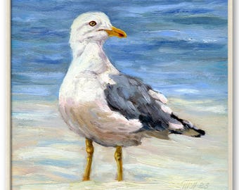 Impresión artística de gaviota, arte de pared costero, obra de arte de gaviota, decoración de casa de playa, póster de ave oceánica a partir de pintura al óleo original