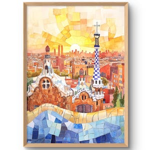 Impresión artística de Barcelona, pintura de España, arte mural europeo, obra de arte de paisaje urbano, decoración de pared española, impresión del Parque Güell, póster de viaje a Cataluña