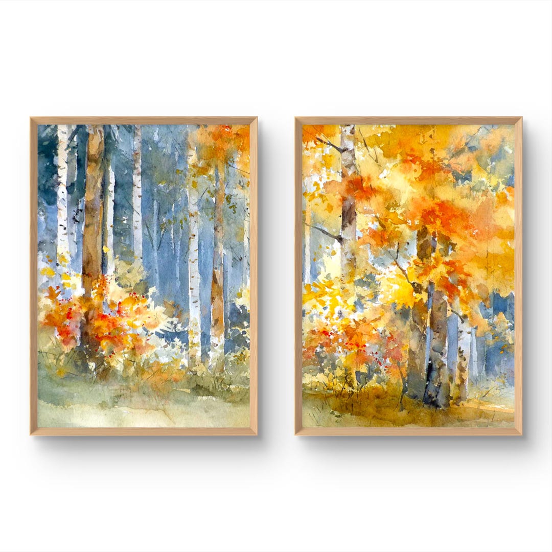 Birch Tree Art Prints Set of 2 Autumn Wall Art Fall Forest Watercolor ...