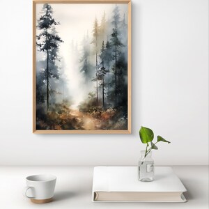 May include: A watercolor painting of a forest path with tall trees on either side. The path leads into the distance, and the trees are painted in shades of blue and green. The painting has a soft, dreamy feel.
