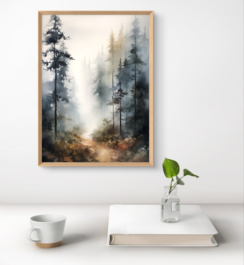 May include: A watercolor painting of a forest path with tall trees on either side. The path leads into the distance, and the trees are painted in shades of blue and green. The painting has a soft, dreamy feel.