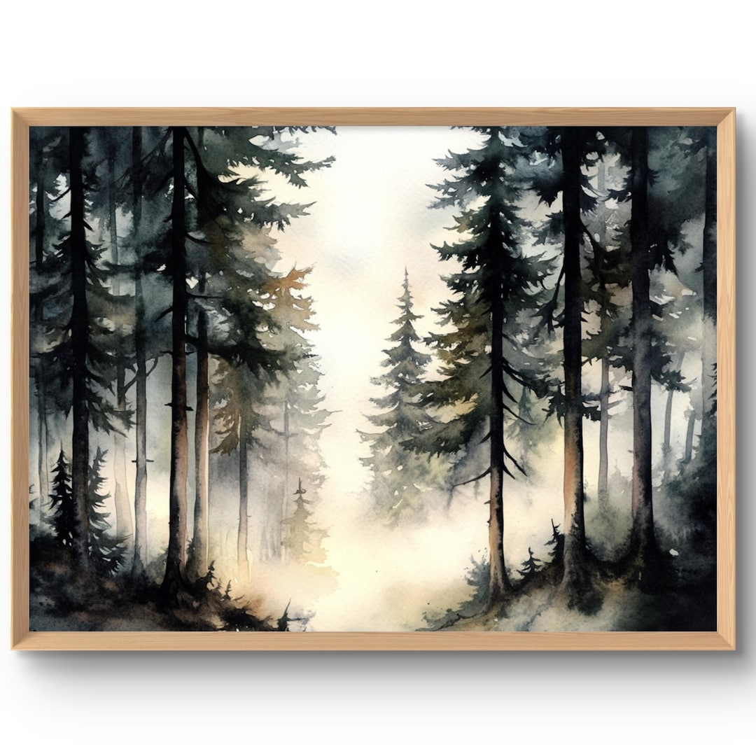 Foggy Pine Trees Art Print Misty Forest Wall Art Watercolor Style ...