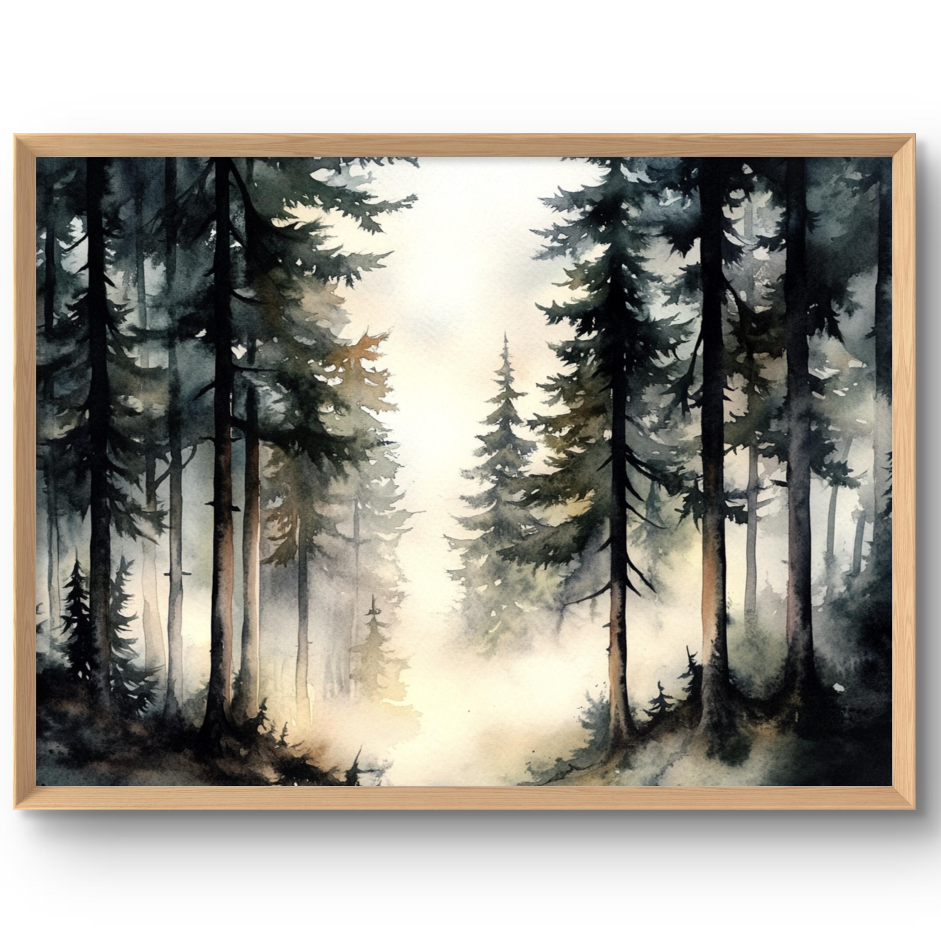 Foggy Trees Art Print Misty Forest Large Poster Foggy Landscape Painting Misty Pine Trees Wall Art Watercolor Style Calming Wall Decor