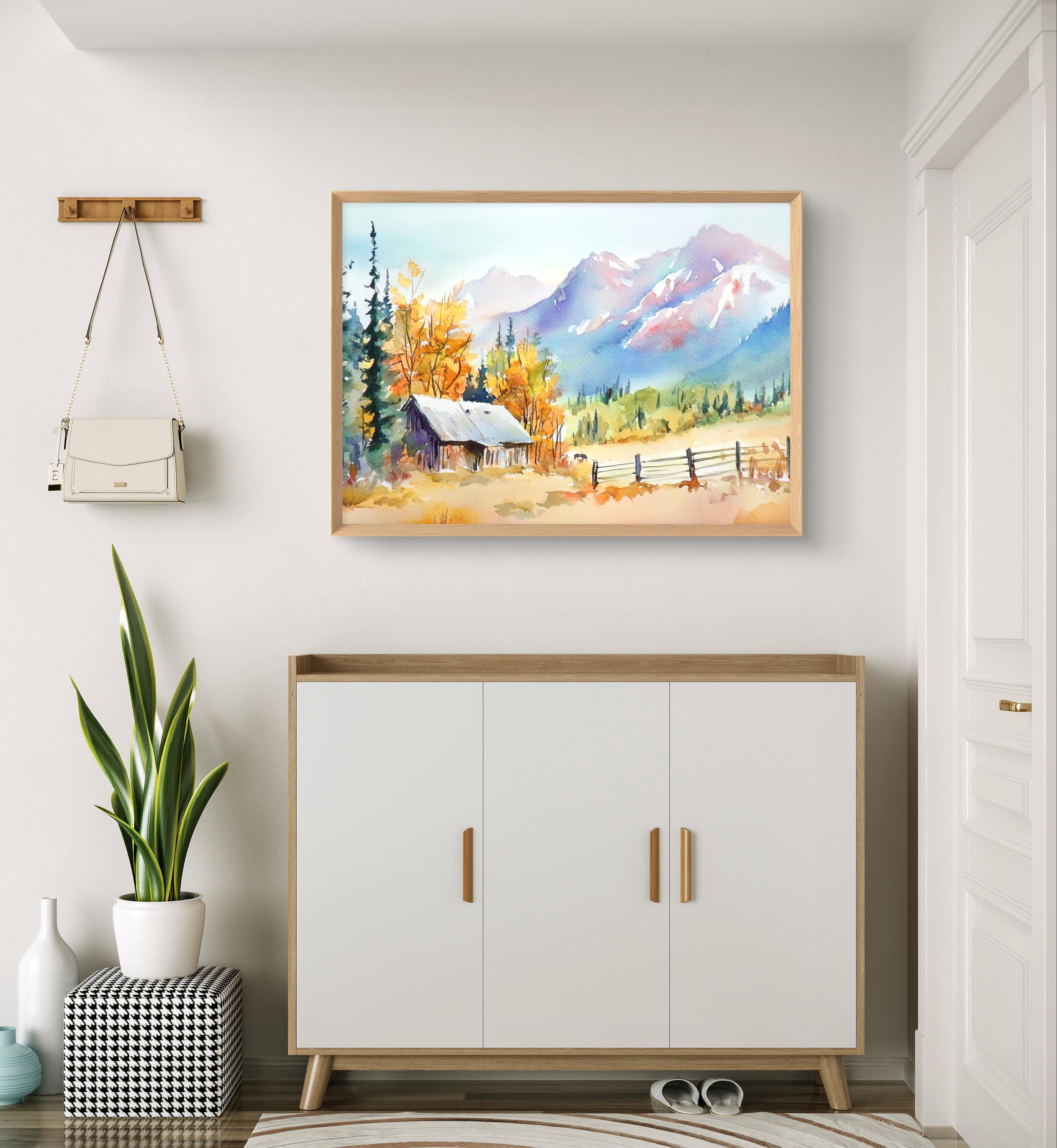 Colorado Art Print Mountain Wall Art Fall Forest Barn Watercolor Style ...