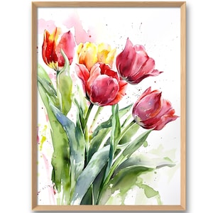 Tulip Art Print Spring Wall Art Red Tulips Watercolor Style Poster Floral Wall Decor Red Flowers Large Poster