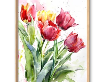 Impresión artística de tulipanes, arte de pared de primavera, tulipanes rojos, póster estilo acuarela, decoración de pared floral, flores rojas, póster grande