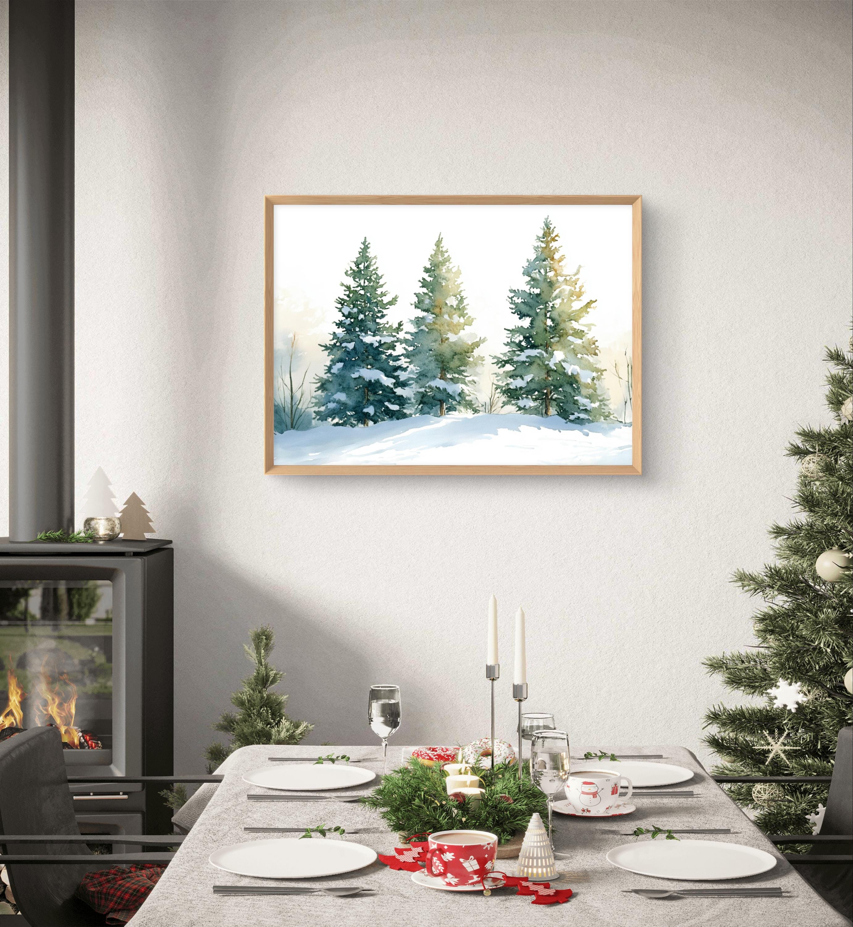 Pine Trees Art Print Evergreen Forest Landscape Watercolor Style Snowy ...