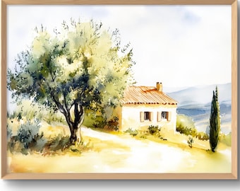 Italian Landscape Art Print Olive Tree Watercolor Style Tuscany Wall Decor