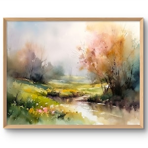 Stampa artistica di paesaggio primaverile, fiori selvatici, prato, acquerello, astratto, alberi in fiore, arte murale, fiori, campo, dipinto, ruscello primaverile, poster