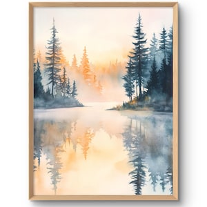 Sonnenaufgang Wald See Kunstdruck Neutrale Landschaft Miyuki Wandkunst Kiefern Bäume Großes Aquarell Stil Poster Minimalistischer Druck Natur Wandkunst